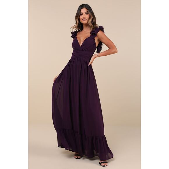 Lulus NWT Soiree Celebration Purple Ruffled Lace-Up Chiffon Maxi Dress Small - Picture 1 of 10